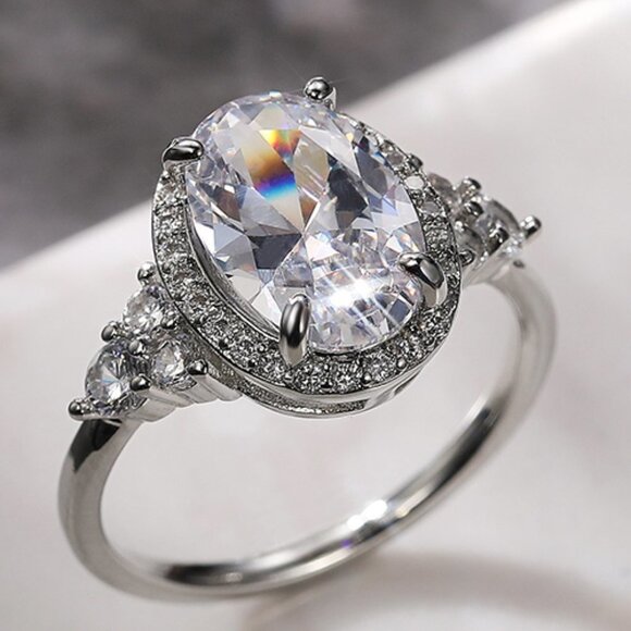 🌸Beautiful Noble Oval Pure CZ Macro Pave Silver Wedding Luxury Rings, K936 - Picture 1 of 6